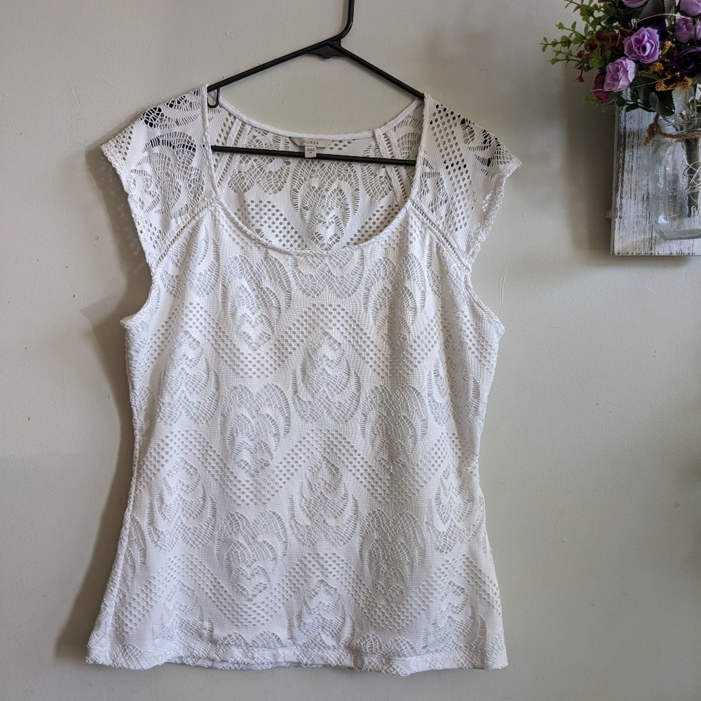 Guess White Blouse Size XL Lace Material